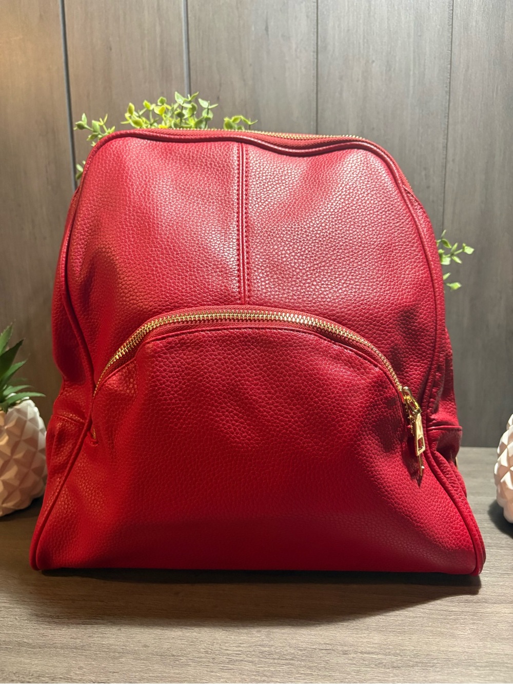 Classic Red Leather Backpack with Gold Hardware